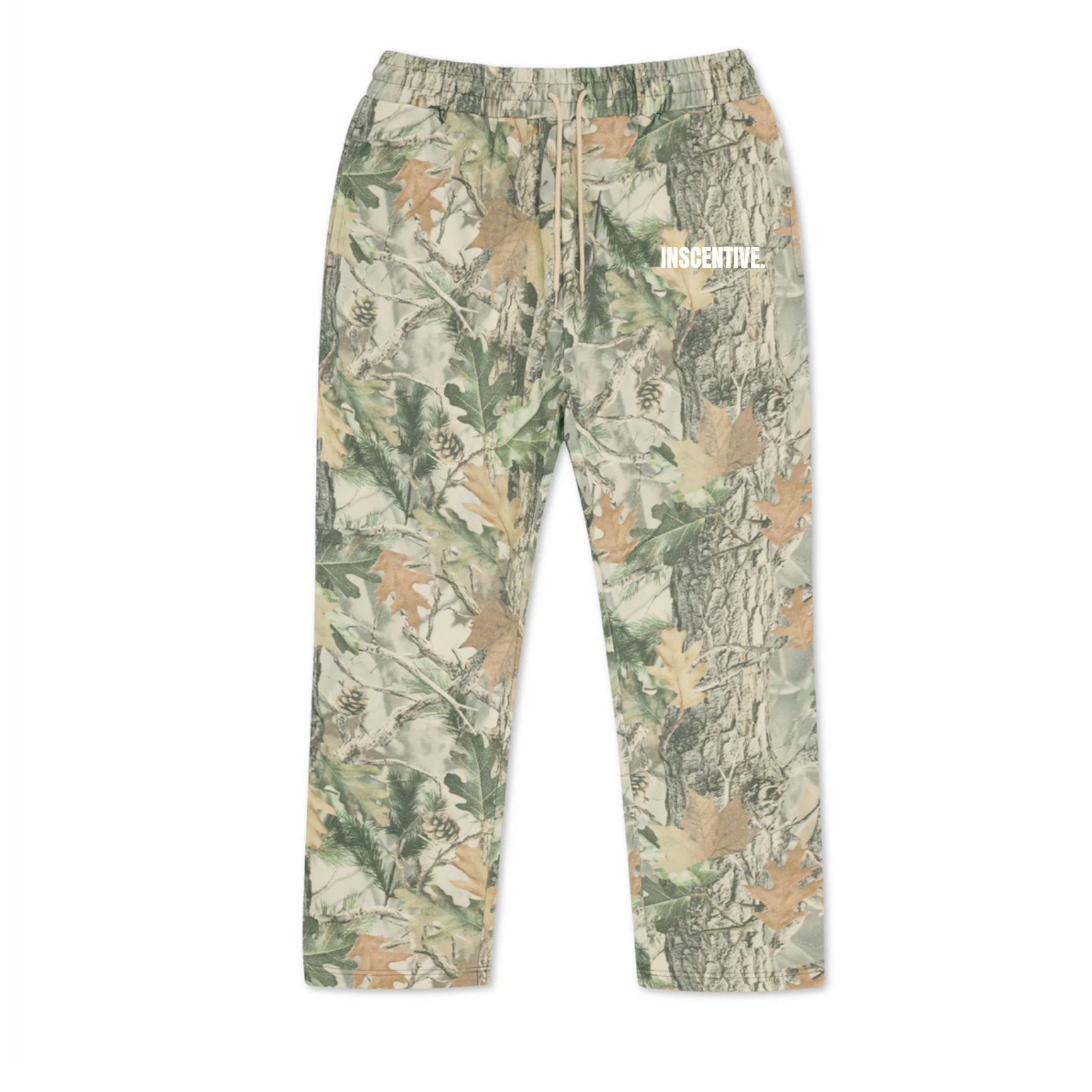 INSCENTIVE camouflage sweatpants – unisex streetwear joggers with forest camo print, elastic waistband, drawstring, and small white logo on hip.