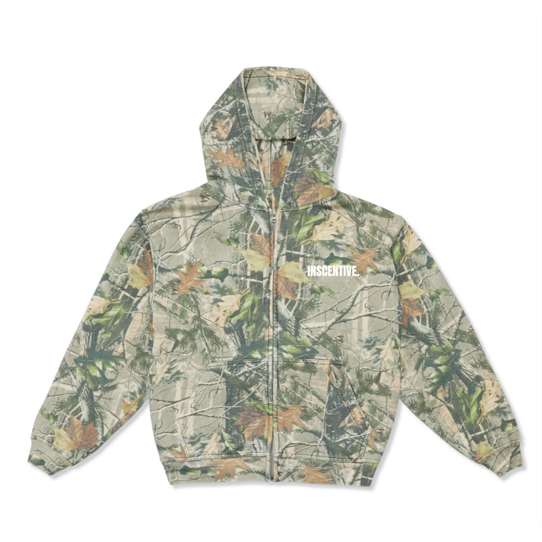 INSCENTIVE camo zip-up hoodie – unisex streetwear jacket with forest camouflage print, front zipper, hood, and small white chest logo.
