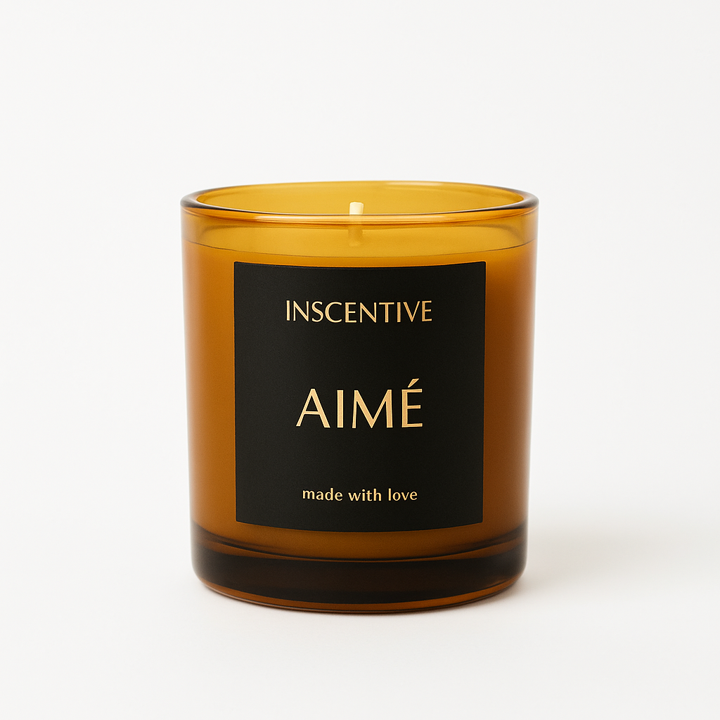 inscentive aimé candle, sandalwood rose candle. luxury candle with elevated packaging. 