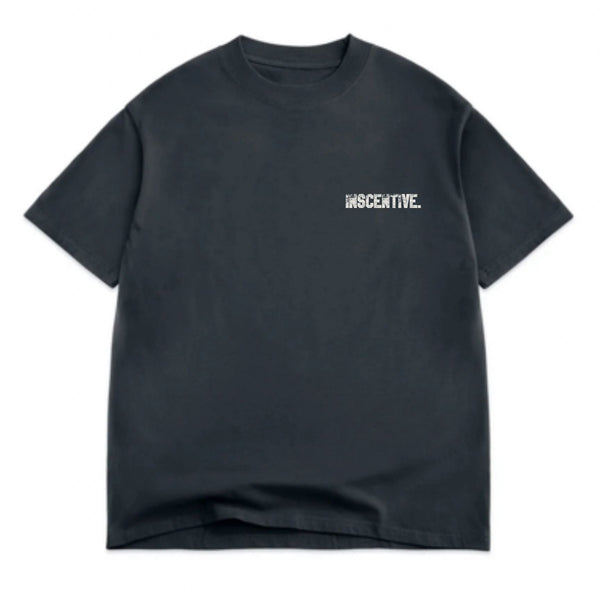Black t-shirt with a logo on a white background