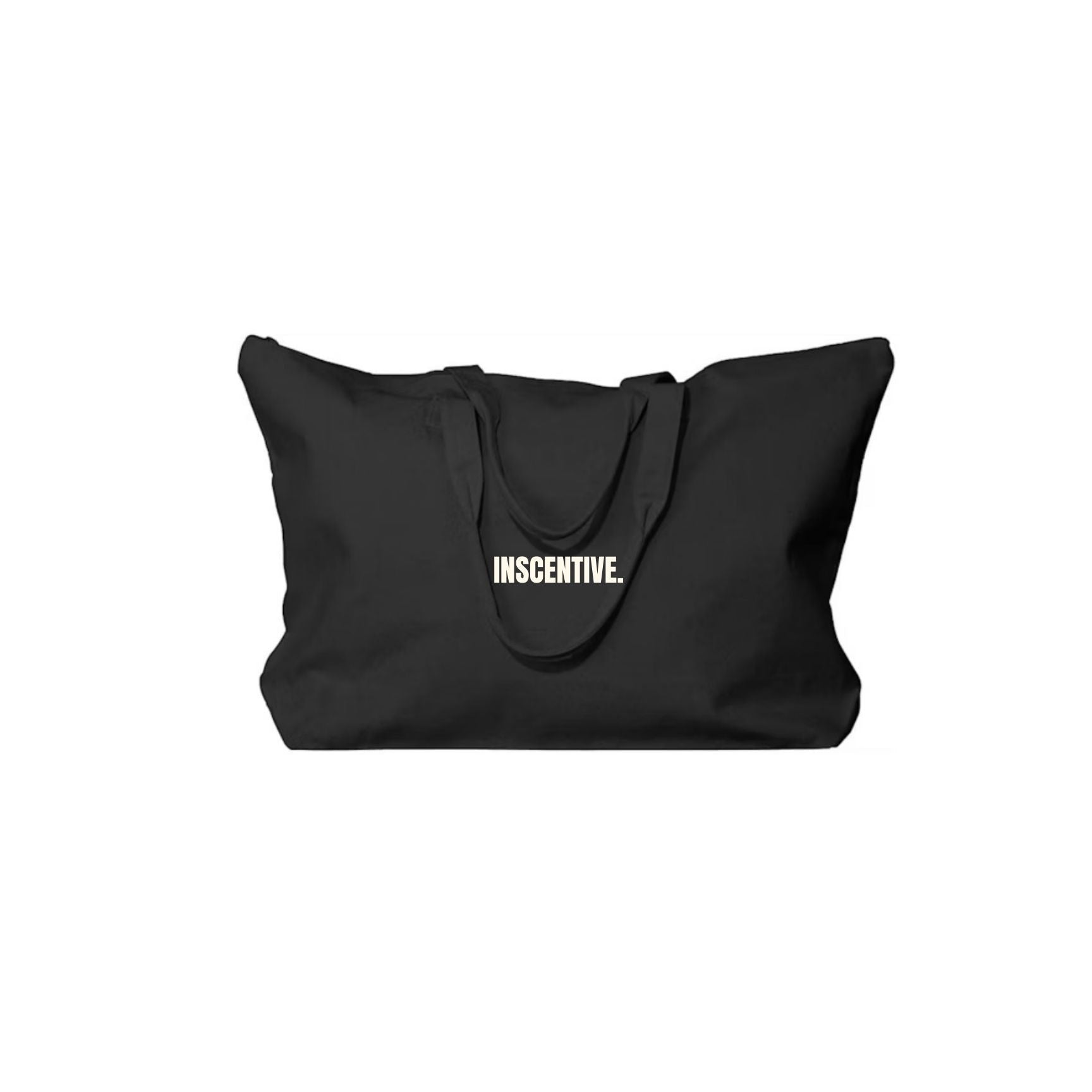 Black tote bag with 'INSCENTIVE' branding on a white background