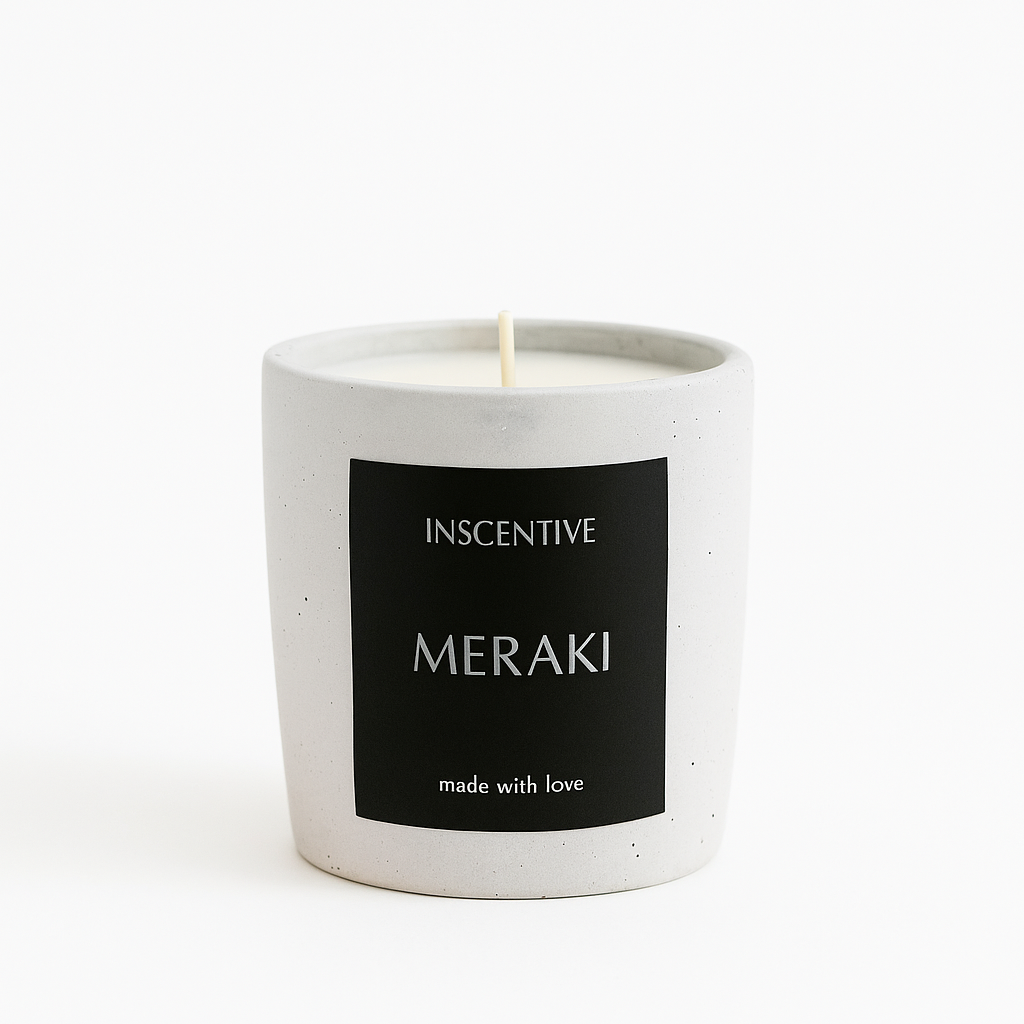 inscentive meraki candle with an aesthetic concrete jar and an even better smelling scent. 