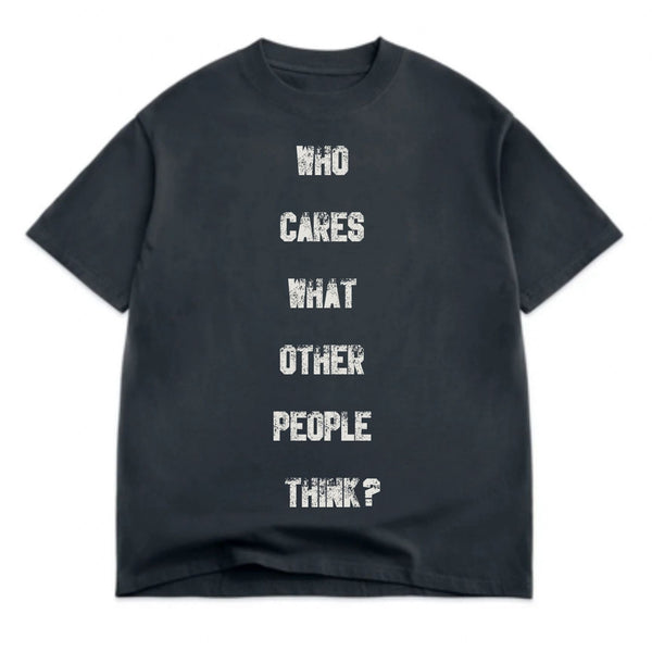 Black t-shirt with white text on a white background