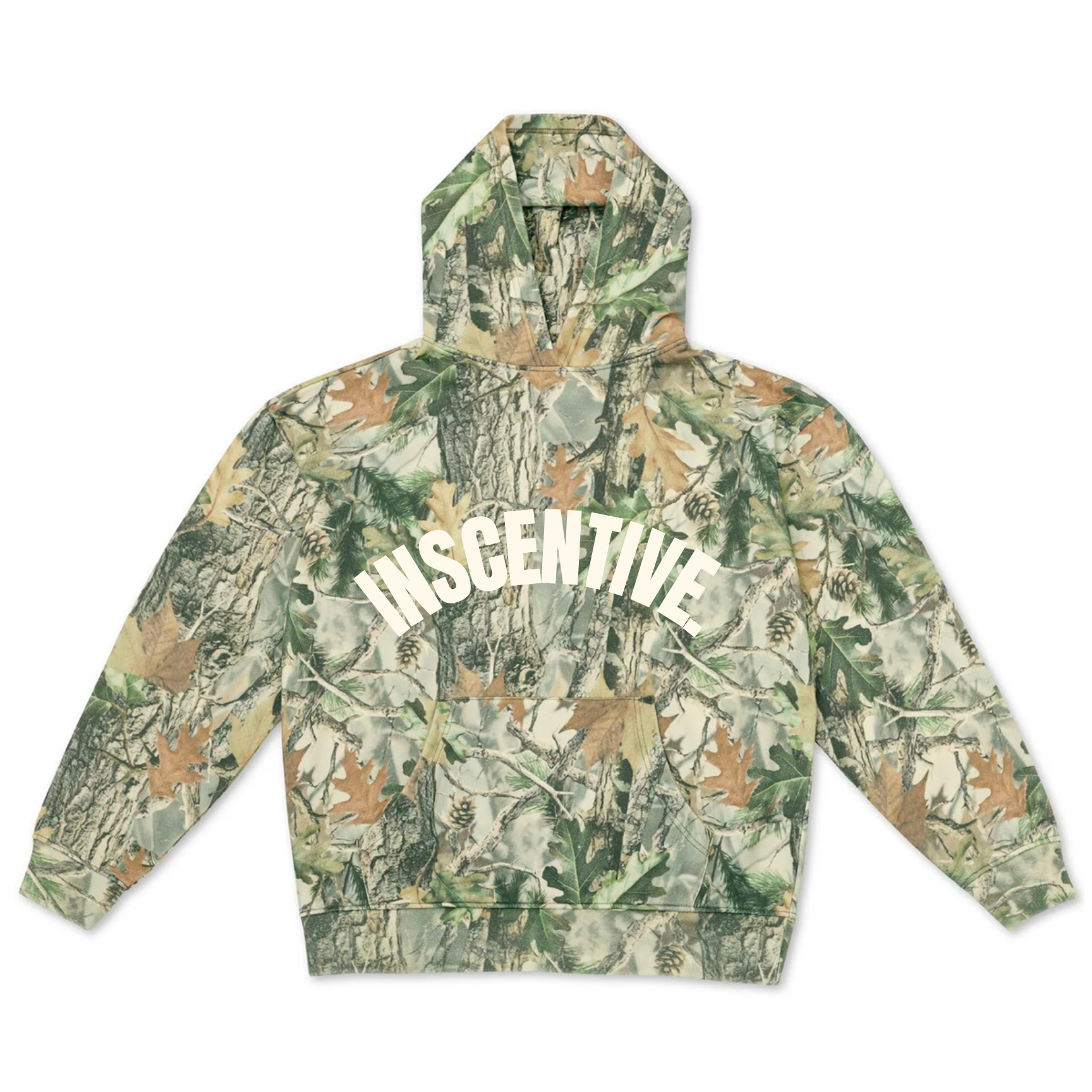 INSCENTIVE camouflage hoodie – unisex streetwear pullover with bold white logo text, forest camo print, and front pocket.