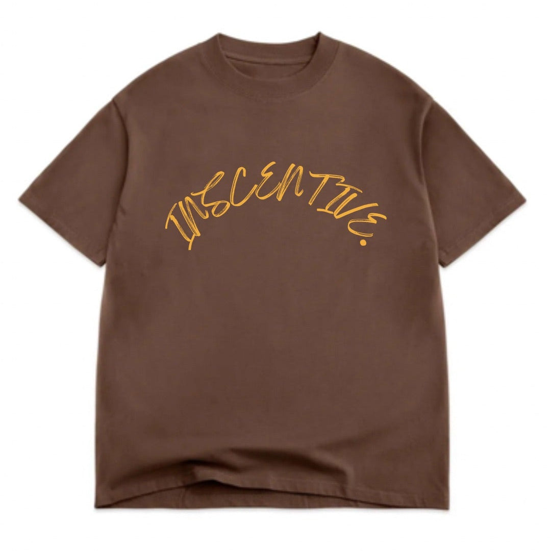 inscentive vintage brown tee with orange cursive